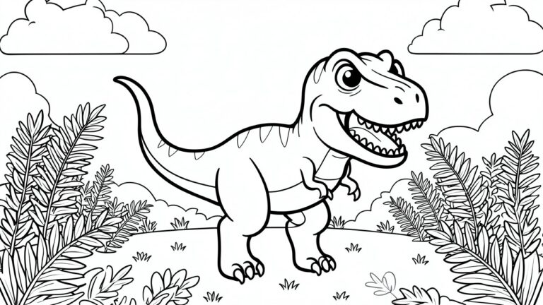 A line drawing of a cartoon T-Rex dinosaur standing in a forest clearing with ferns and clouds.
