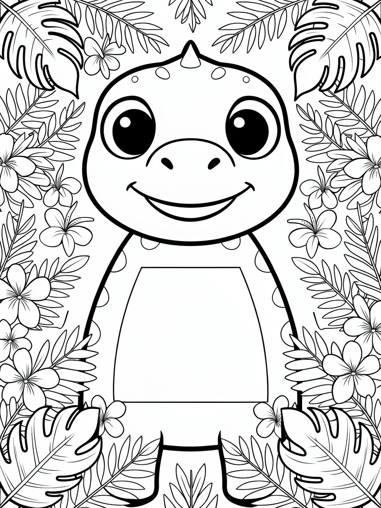 Black and white line art of a cute smiling dinosaur with big eyes surrounded by tropical leaves and flowers.