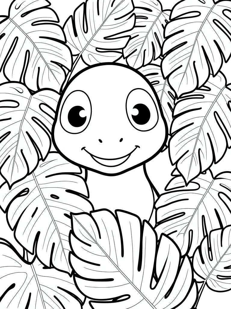 Black and white line drawing of a cute cartoon dinosaur with big eyes and a smile, surrounded by large overlapping tropical leaves.