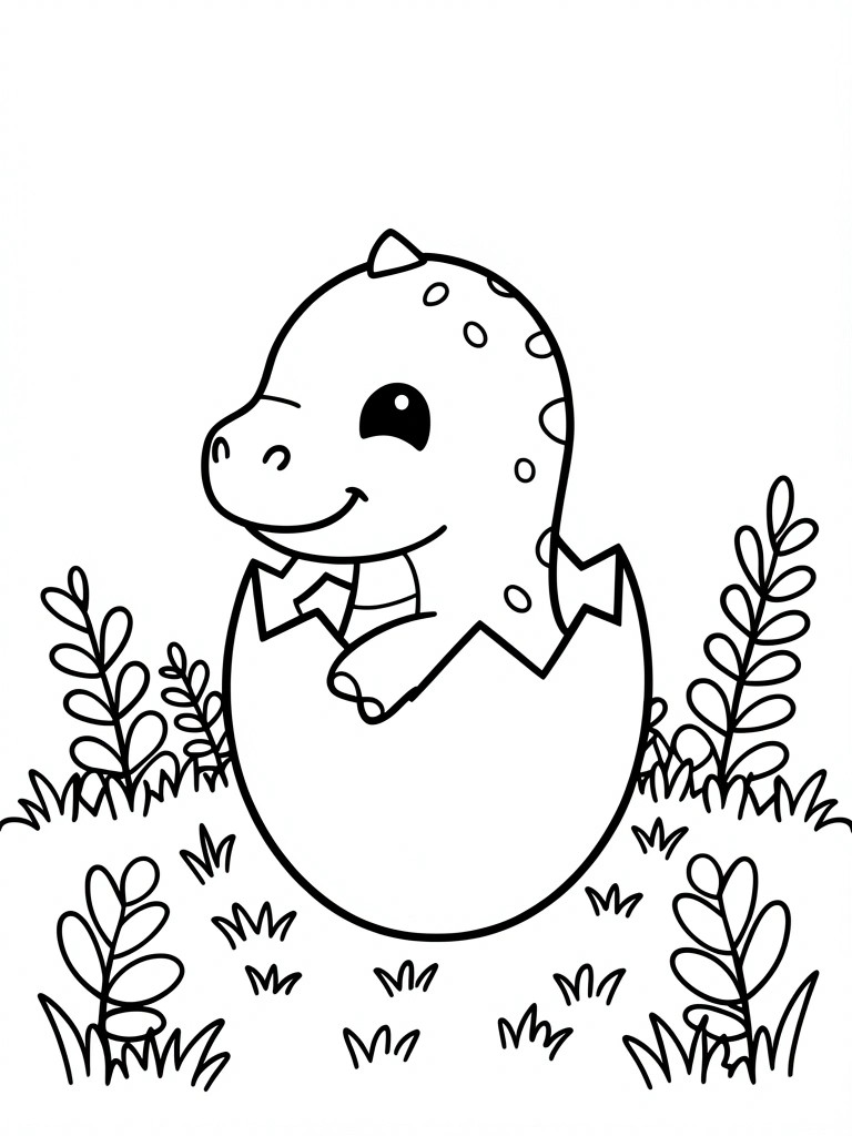 Cartoon baby dinosaur hatching from cracked egg amid grass and plants