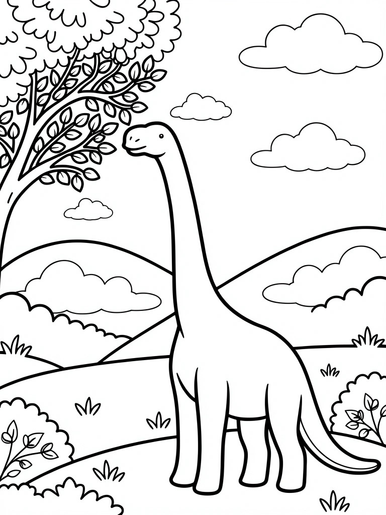 Line drawing of long-necked dinosaur in hilly landscape with trees and clouds