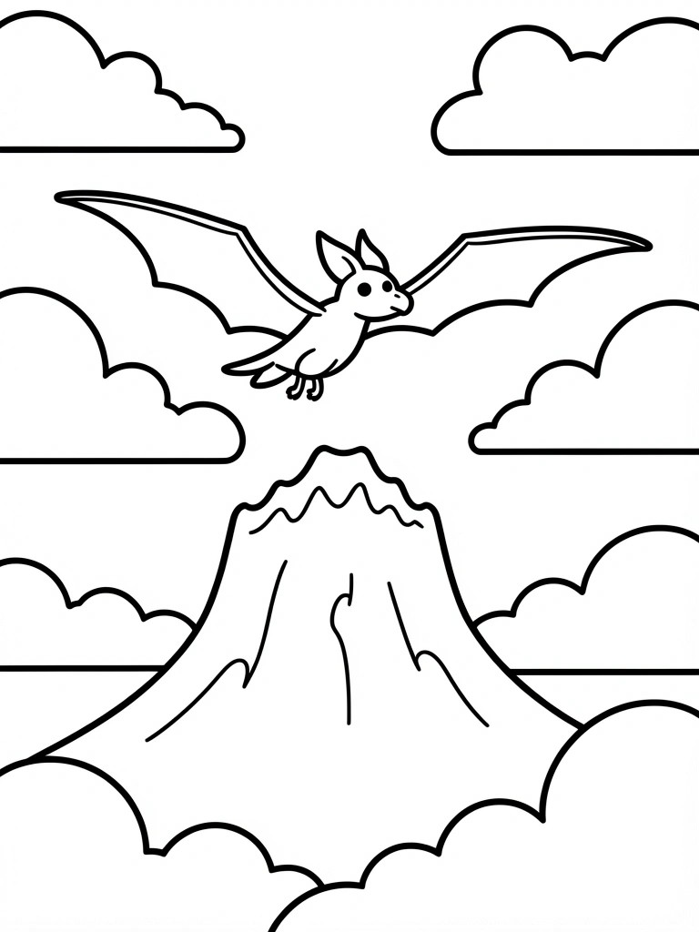 A simple line drawing shows a pterodactyl flying above a volcano with clouds around it.