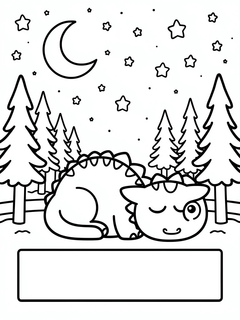 A simple line drawing of a sleeping cartoon dinosaur curled in a forest at night with a moon, stars, and pine trees.