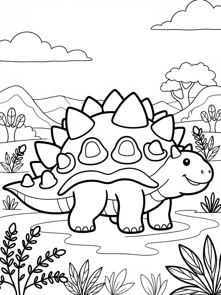 Coloring page of smiling stegosaurus in landscape with mountains, trees and plants.