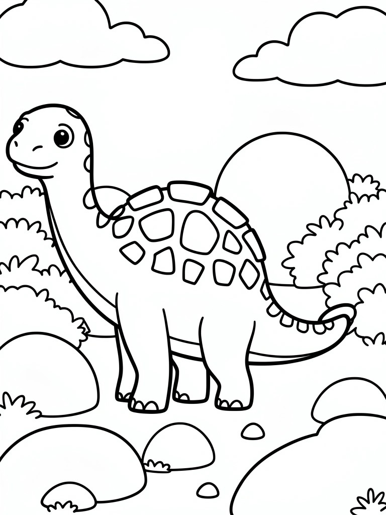 Cartoon dinosaur with back plates in rocky landscape with bushes and clouds.