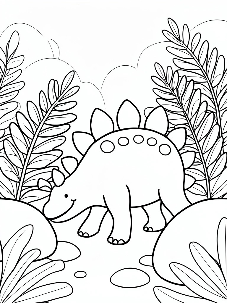 Black-and-white line drawing of a stegosaurus dinosaur amid jungle plants and leaves.
