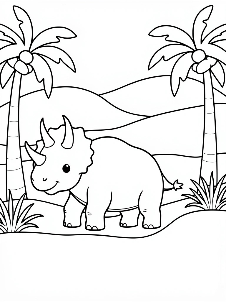 A simple line drawing shows a cute triceratops standing between two palm trees with hills in the background.