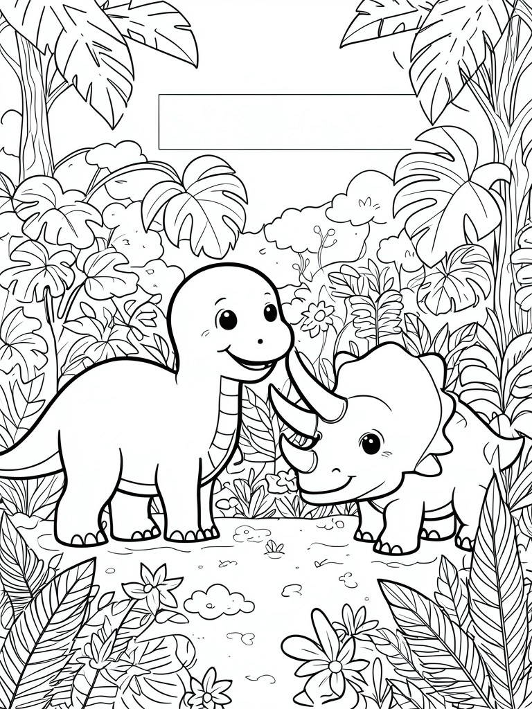 Two smiling cartoon dinosaurs face each other in a jungle foliage scene.