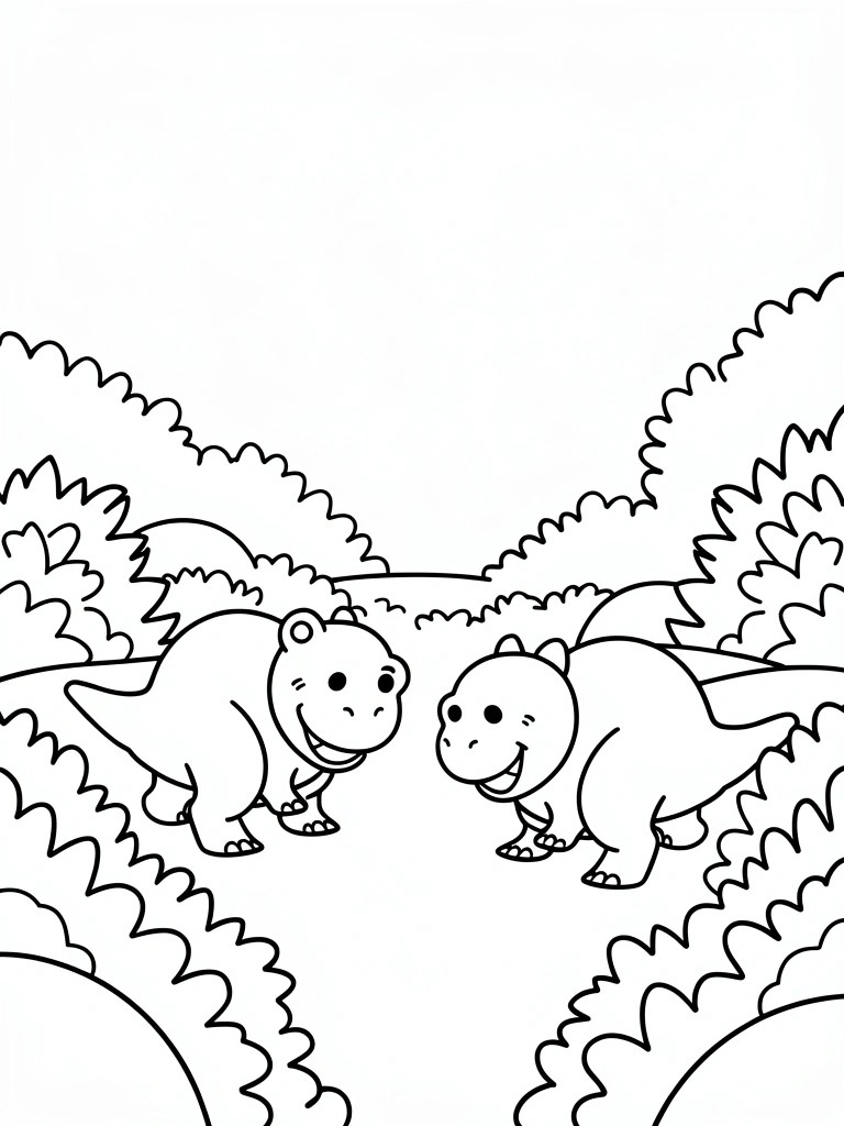 Two cartoon dinosaurs stand facing each other among bushes with smiling expressions and simple outlines.