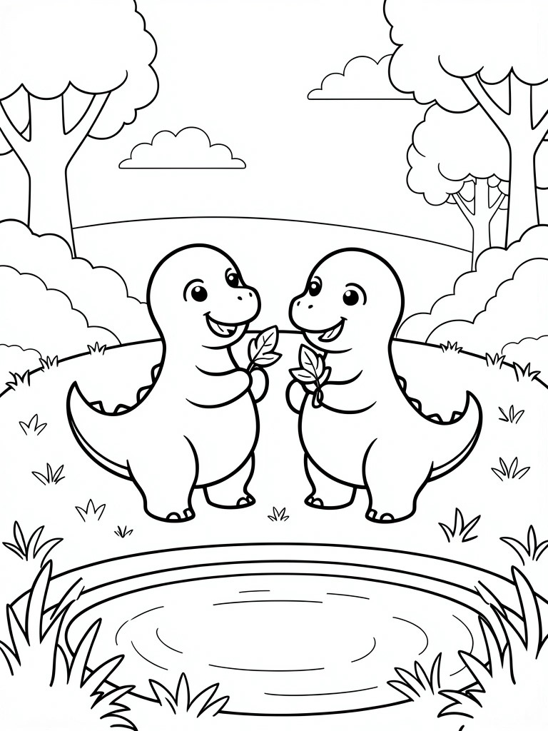 Two smiling dinosaurs holding leaves by a pond in a forest coloring page