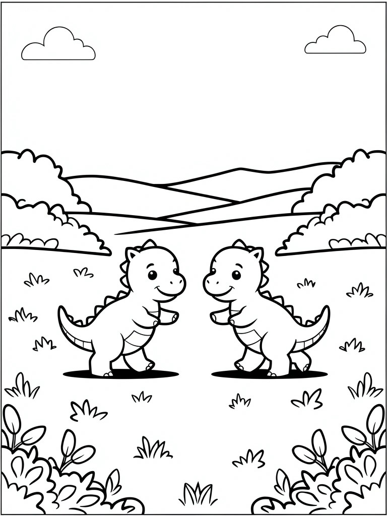 A black and white coloring page shows two cartoon dinosaurs standing in a grassy field with hills, clouds, and plants in the background.