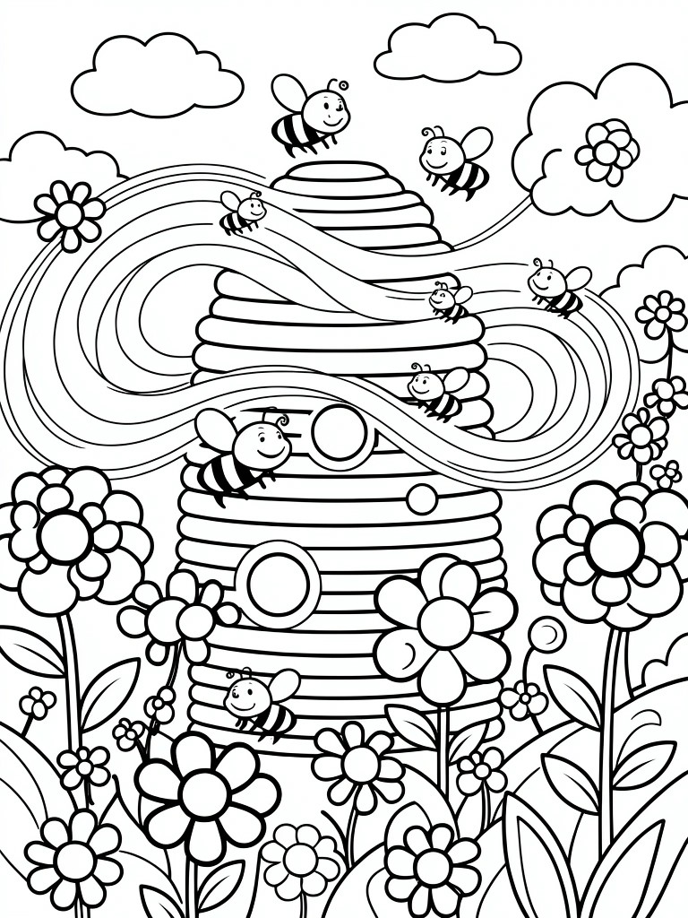 A black and white coloring page featuring a beehive surrounded by bees, flowers, a rainbow, and clouds.