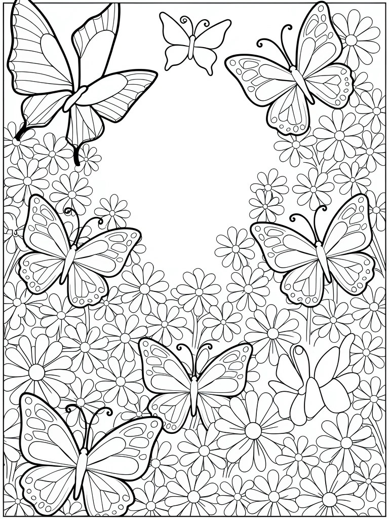 Coloring book page with butterflies and flowers in black line art