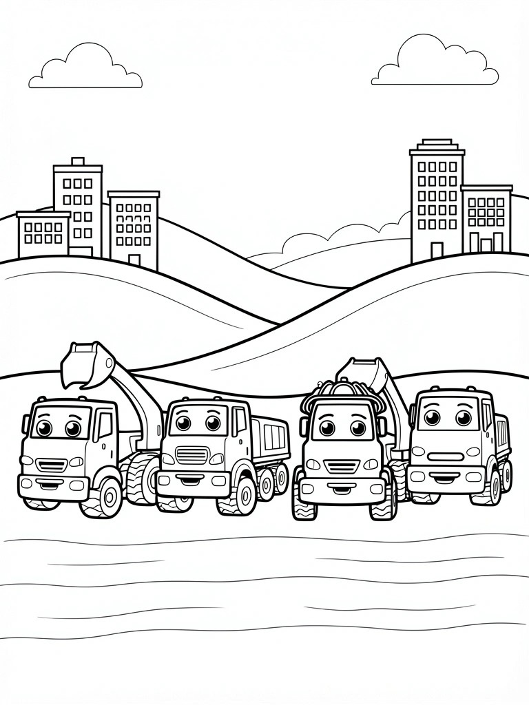 Black and white line drawing of four cartoon construction trucks with faces parked in a row in front of hills and buildings.