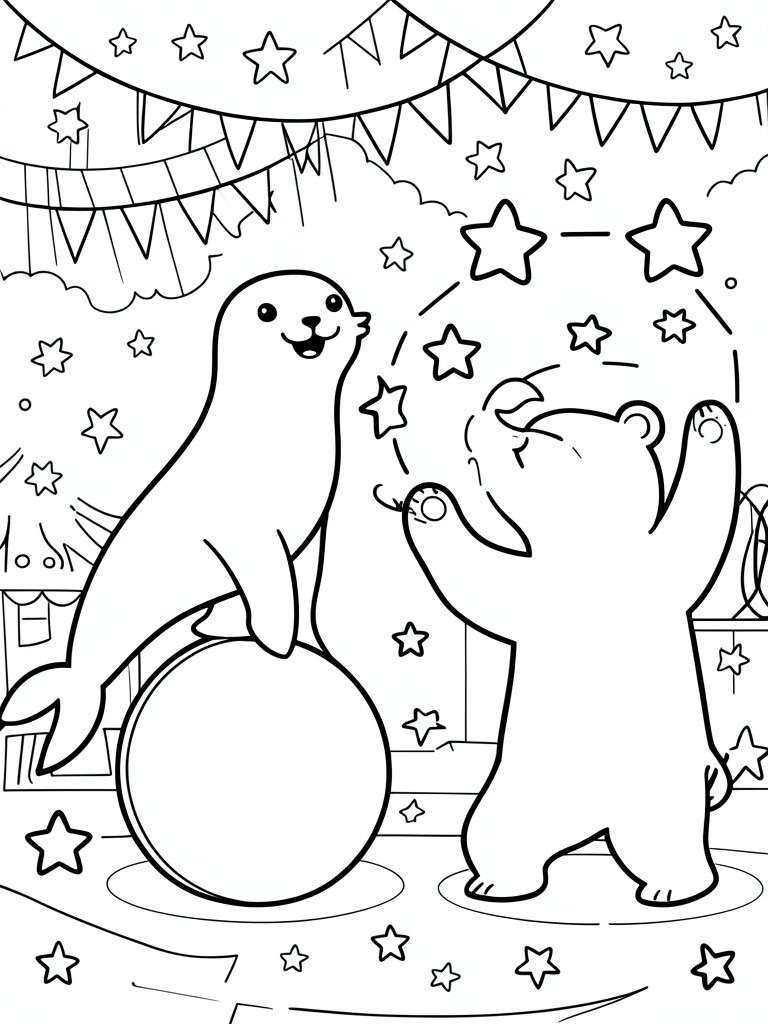 Coloring page of seal on ball and bear with floating stars under bunting