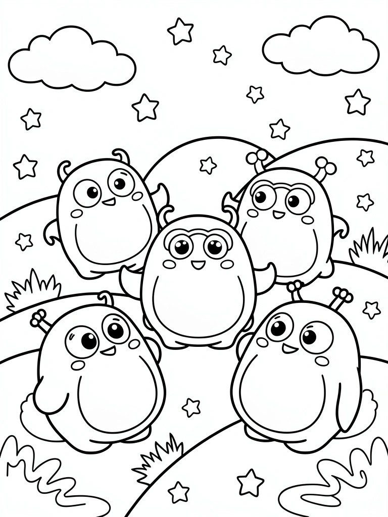 Five cute round aliens with antennae on starry hills with clouds and grass.