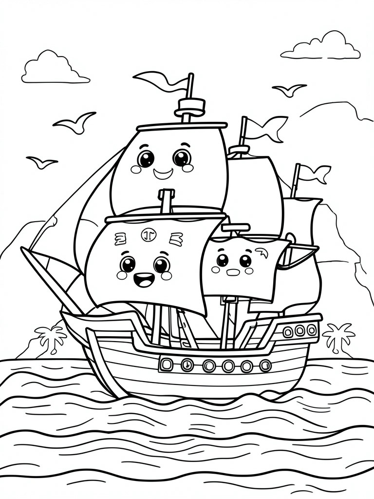 A black and white coloring page shows a cartoon pirate ship with smiling faces on the sails floating on wavy water, with clouds, birds, and palm trees in the background.