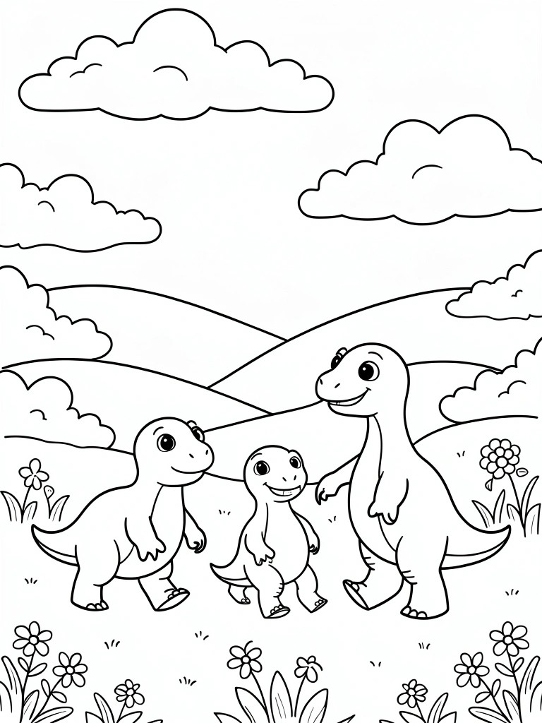 Coloring page showing three dinosaurs of different sizes walking together in a landscape with hills, clouds, and flowers.