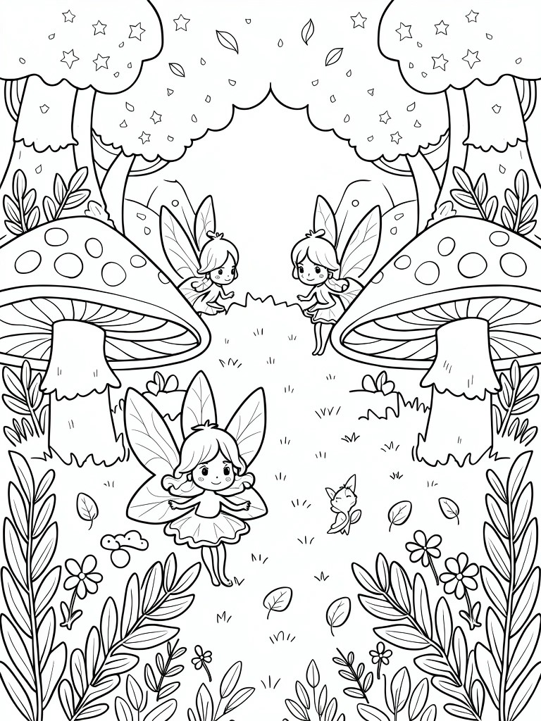 A black and white line drawing of three fairies surrounded by large mushrooms, trees, stars, and leaves in a forest setting.