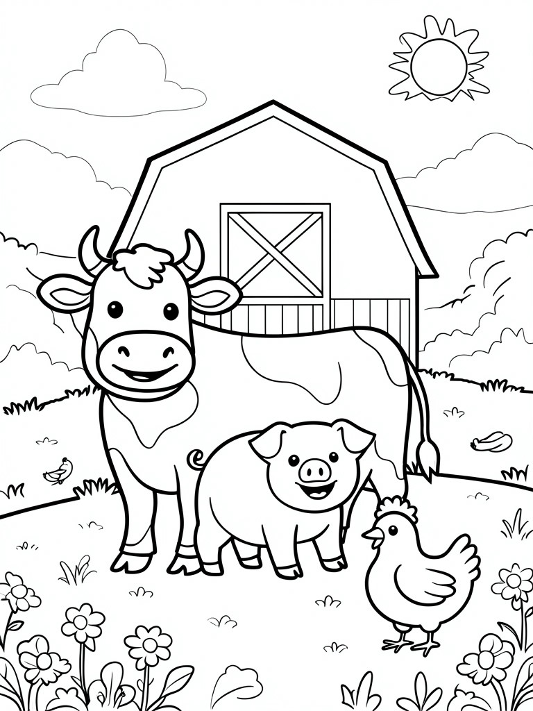 Coloring page of smiling cow, pig, and chicken by a barn on a sunny farm