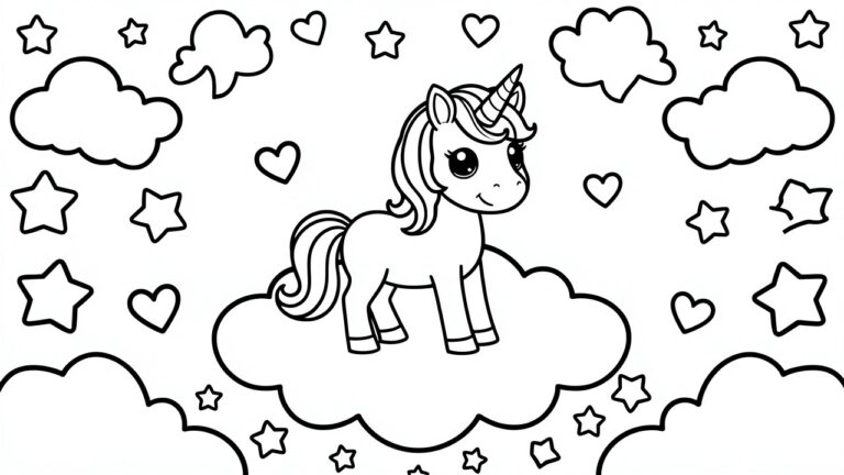 Cute unicorn on cloud with stars hearts and clouds in line art style