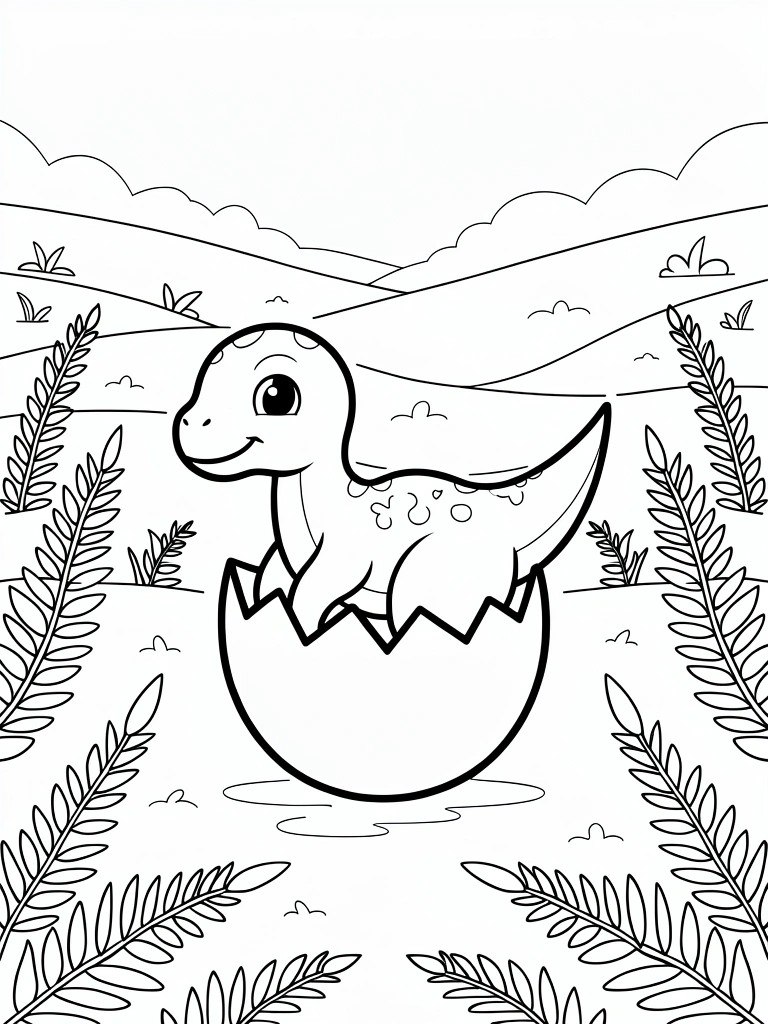 A black and white line drawing of a baby dinosaur hatching from an egg surrounded by ferns, hills, and clouds.