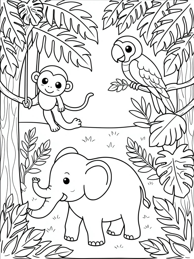 A black and white line drawing of a jungle scene with a monkey on a vine, a parrot on a branch, and an elephant among tropical leaves.