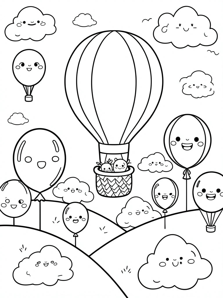 Cute cartoon hot air balloon with smiling clouds and balloons on hills
