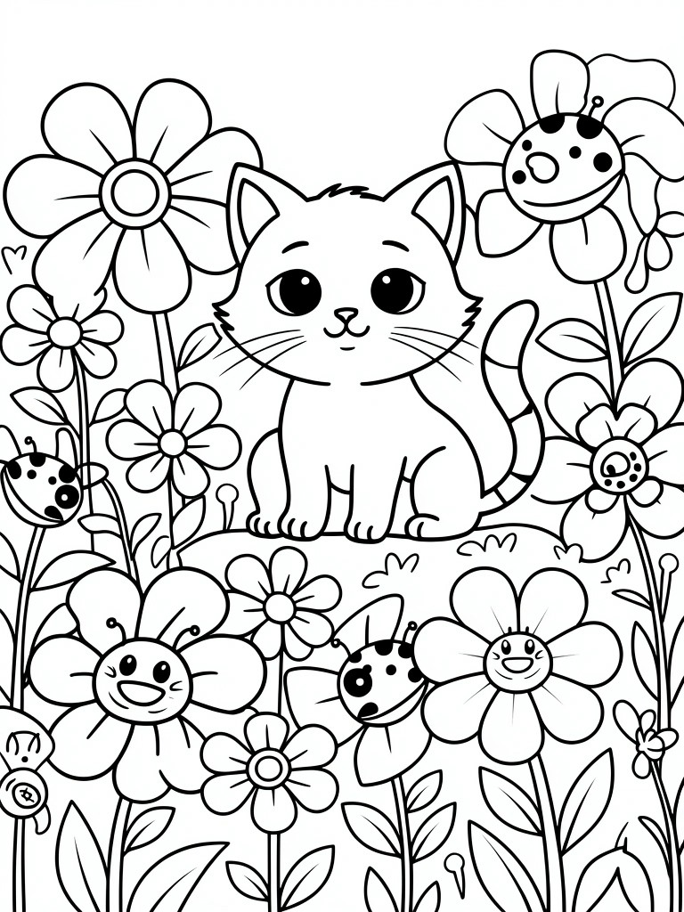 Cartoon cat amid flowers, ladybugs, and butterflies in black-and-white line art.