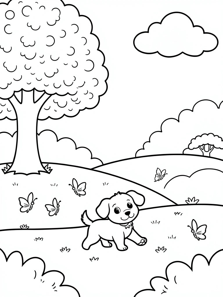 A black and white line drawing of a puppy walking in a field with butterflies, a large tree, clouds, and bushes.