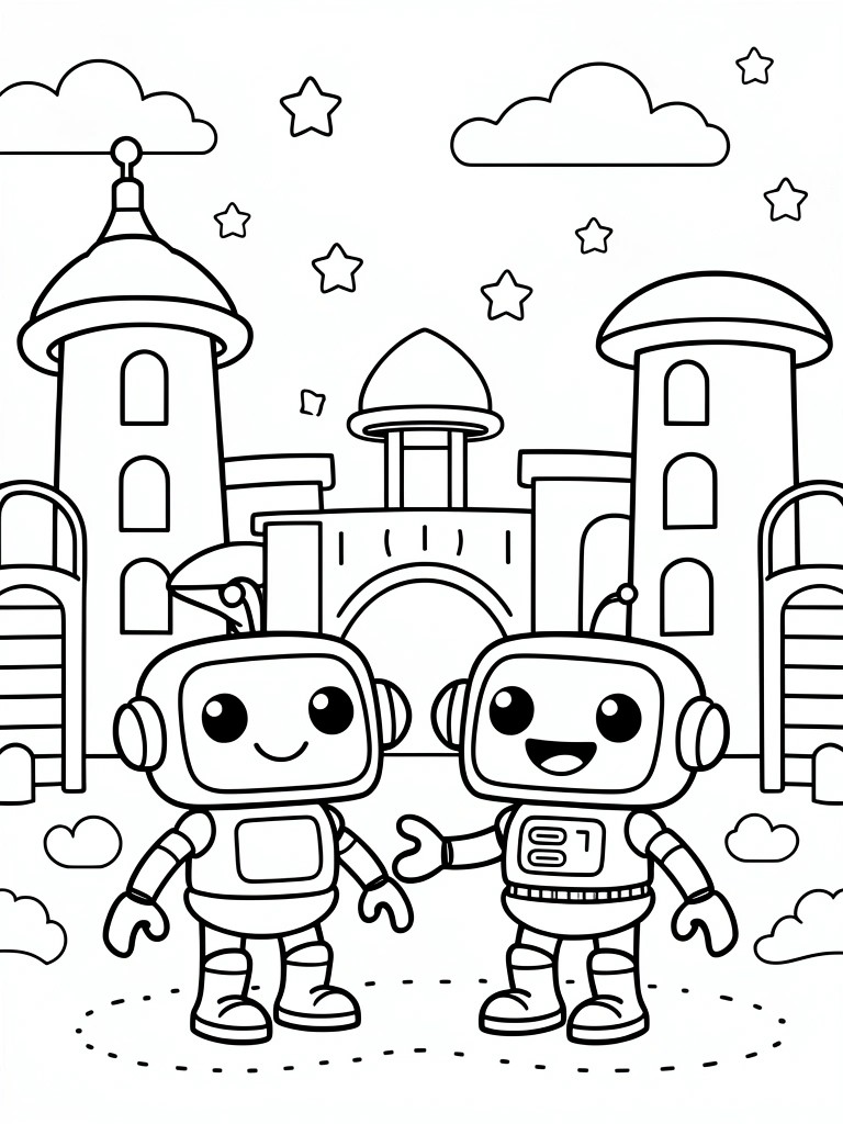 Two cartoon robots stand side by side in front of domed buildings with stars and clouds in the sky.