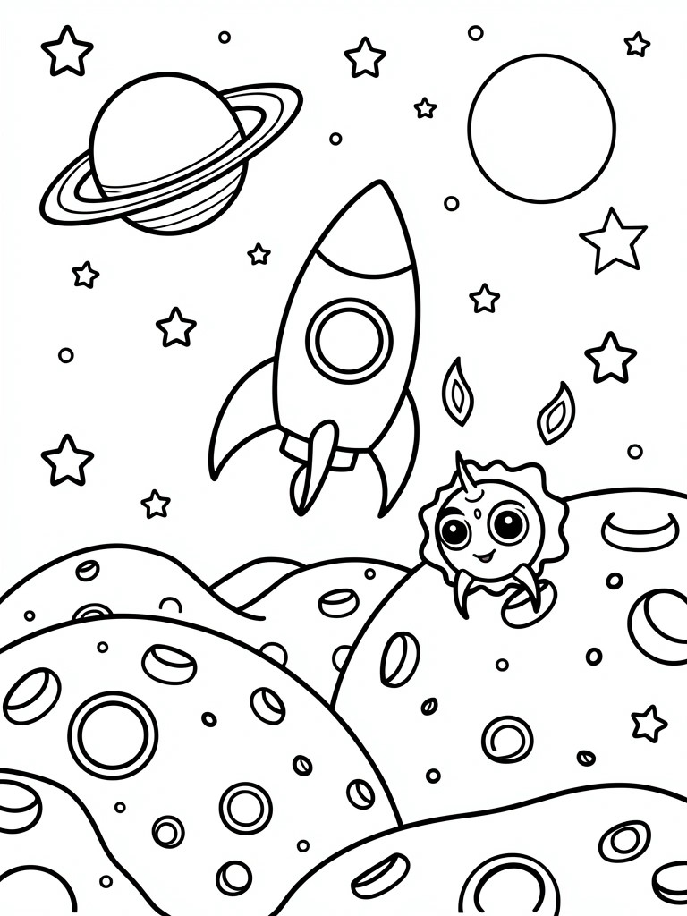 A black and white line drawing shows a rocket ship flying in space near planets, stars, and a moon with a small creature on its surface.