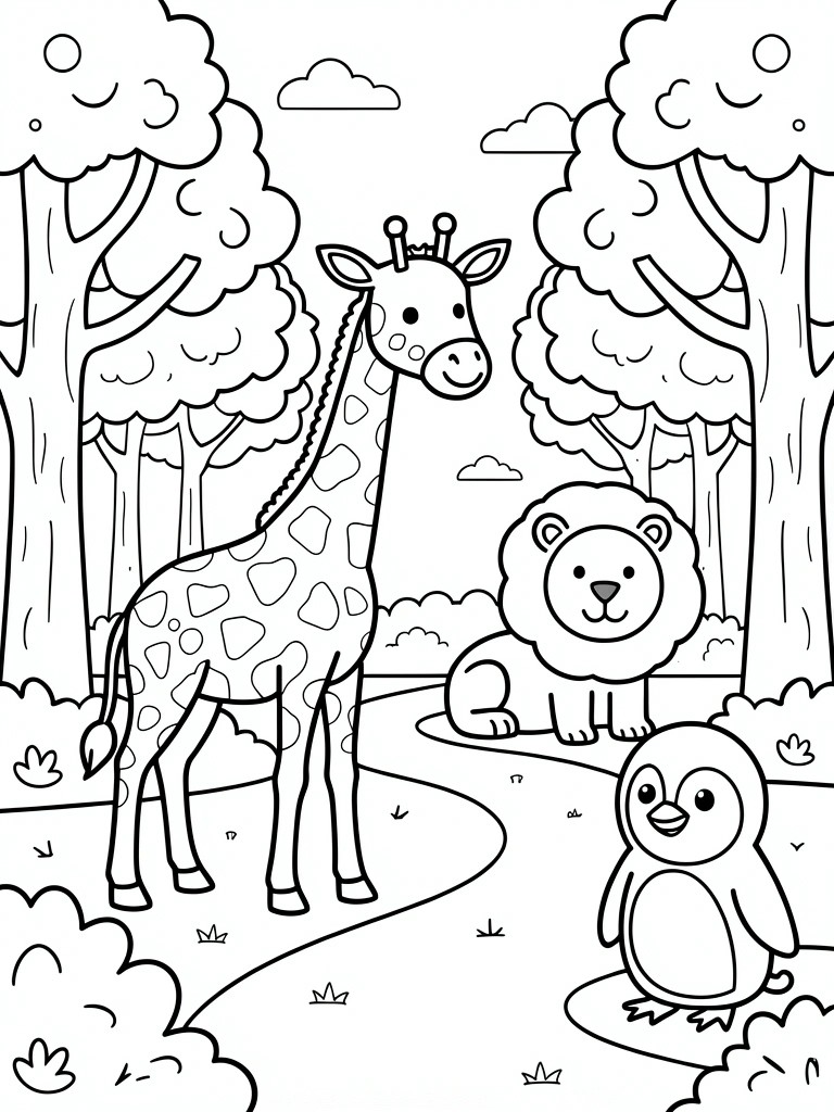 Coloring page with giraffe, lion, and penguin among trees on a forest path.