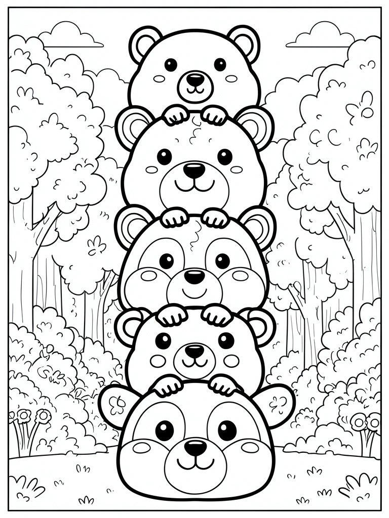 Five stacked cartoon bears in a forest coloring page scene