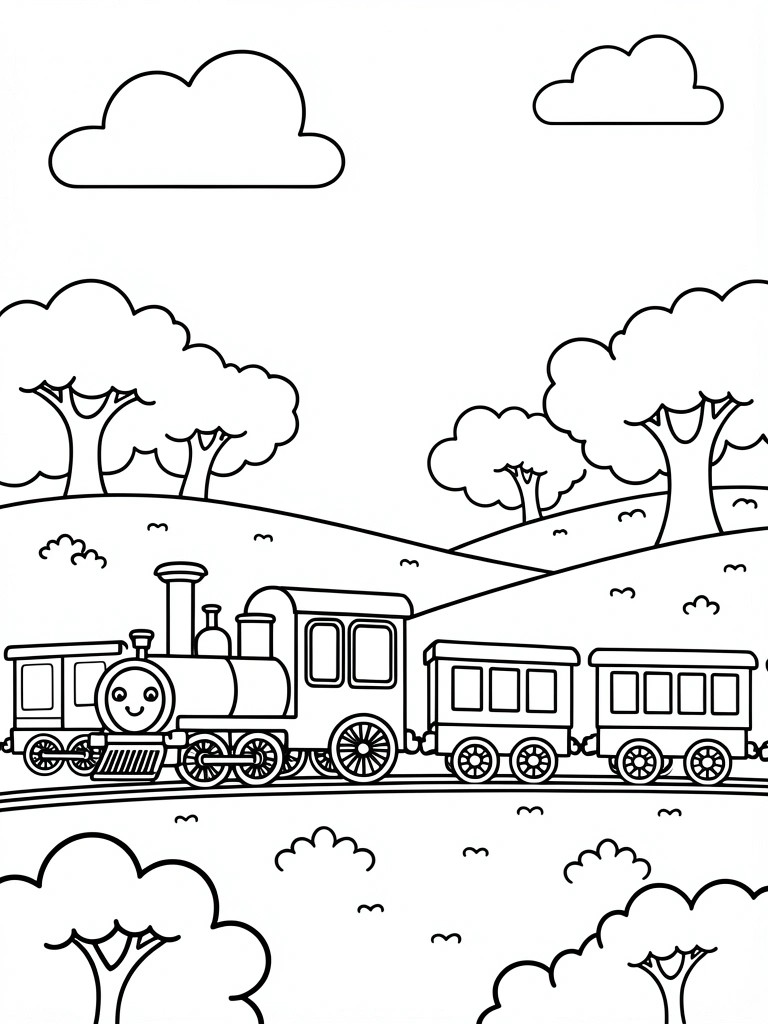 A black and white line drawing of a steam train with two passenger cars traveling on tracks through hills, trees, and clouds.