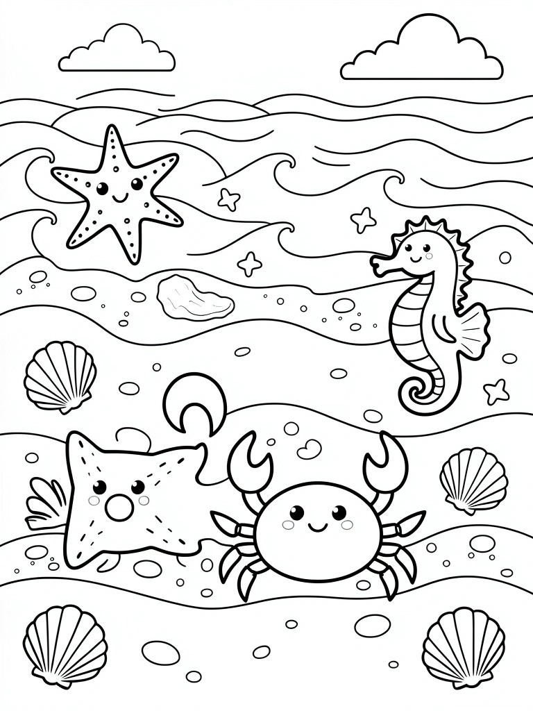 Underwater coloring page with cute starfish, seahorse, crab, and seashells.