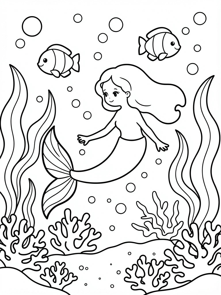 Black and white line drawing of mermaid swimming amid fish, bubbles, coral, and seaweed.