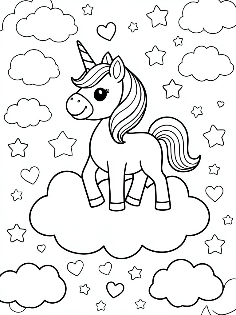 Cute unicorn on cloud with stars hearts and clouds in line art style