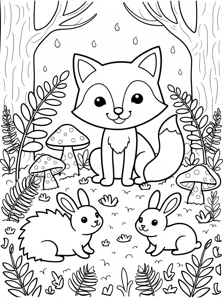 Cute fox and two rabbits among mushrooms and plants in a forest coloring page
