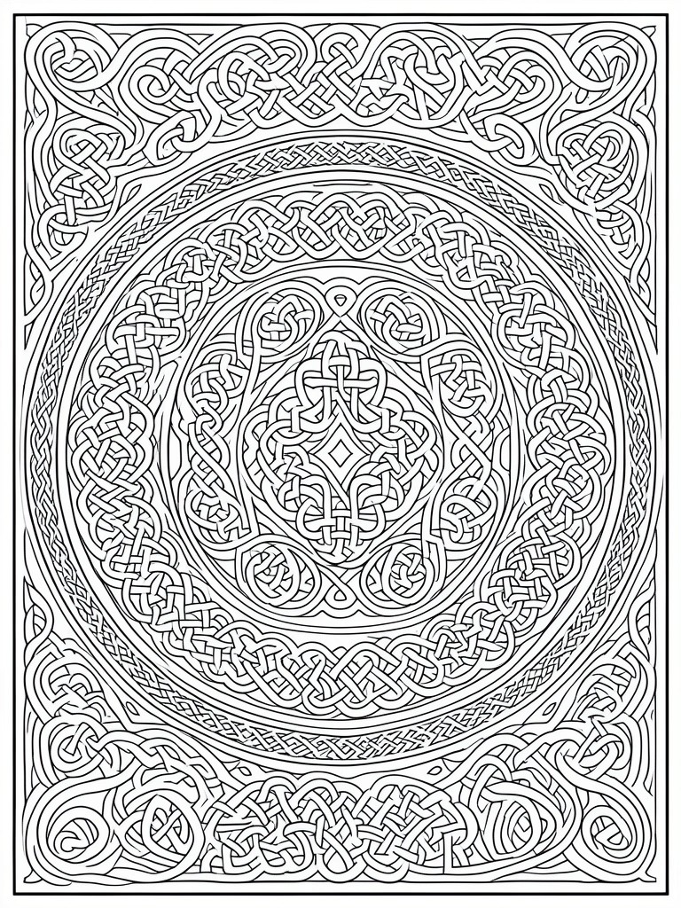 A black and white coloring page of intricate Celtic knot patterns arranged in concentric circles inside a square border.