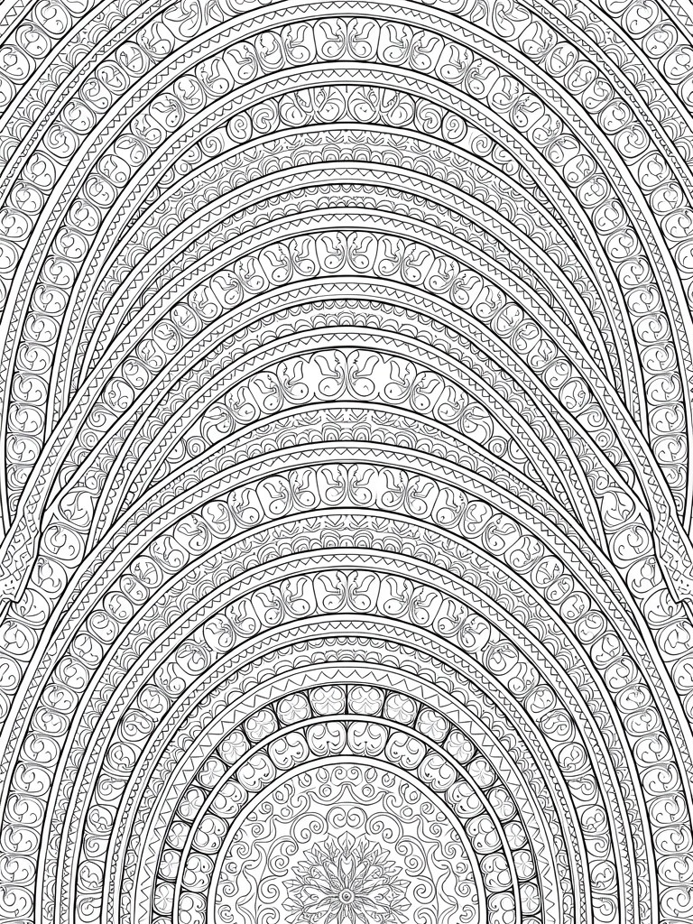 A black and white coloring page of concentric arched bands filled with intricate paisley, swirl, and geometric patterns around a central flower design.