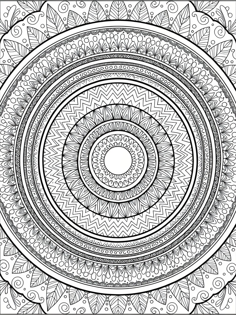 A black and white mandala coloring page with concentric circles of zigzag patterns, petal shapes, dotted borders, and outer leaf motifs.