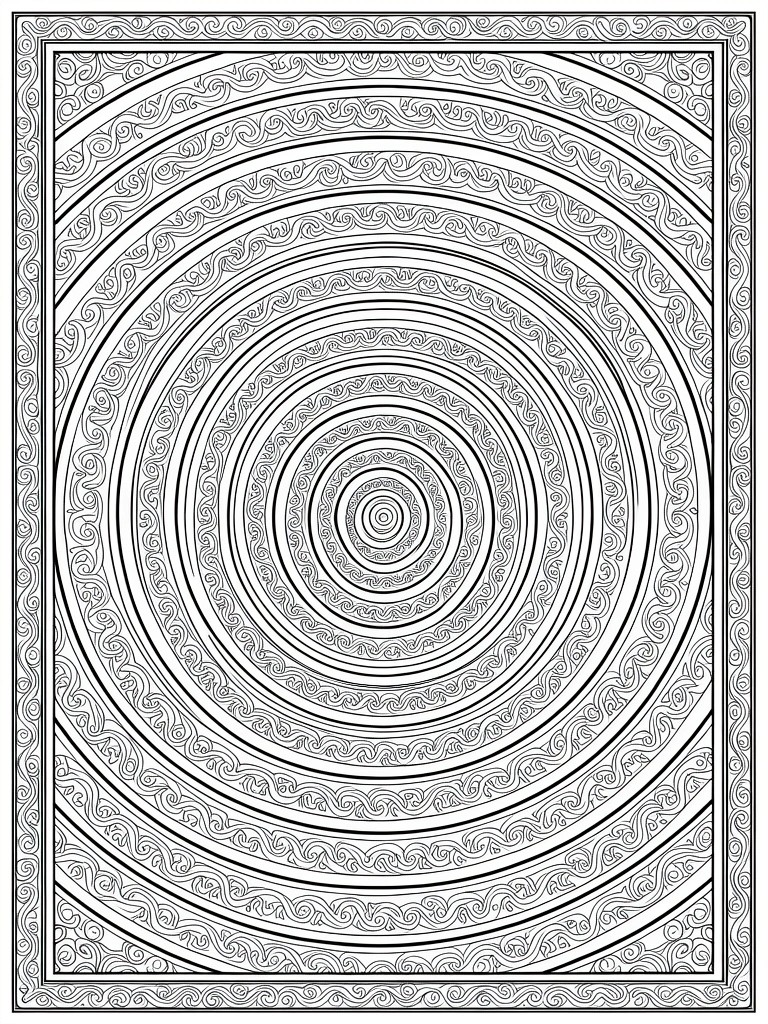 A black and white coloring page featuring multiple concentric circles with intricate swirling patterns inside each ring, enclosed by a rectangular decorative border.