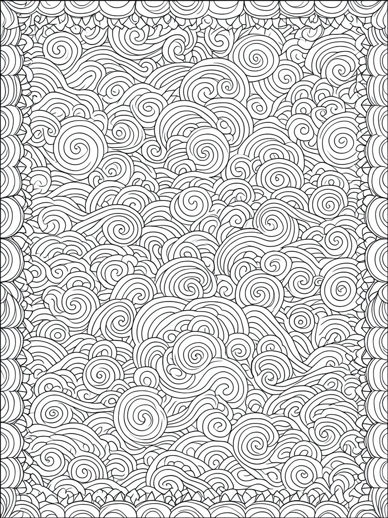 Intricate black and white line art of dense swirling cloud patterns