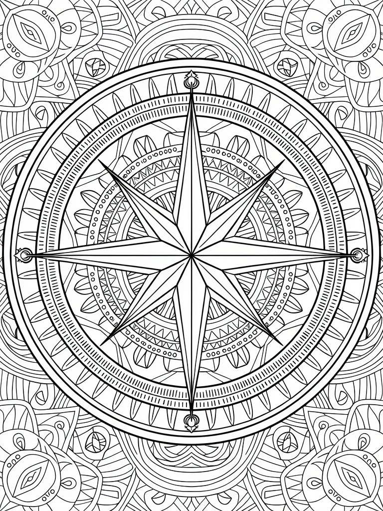 A black and white coloring page of a large central compass rose with intricate geometric patterns inside multiple rings, framed by decorative leaf and circle motifs.
