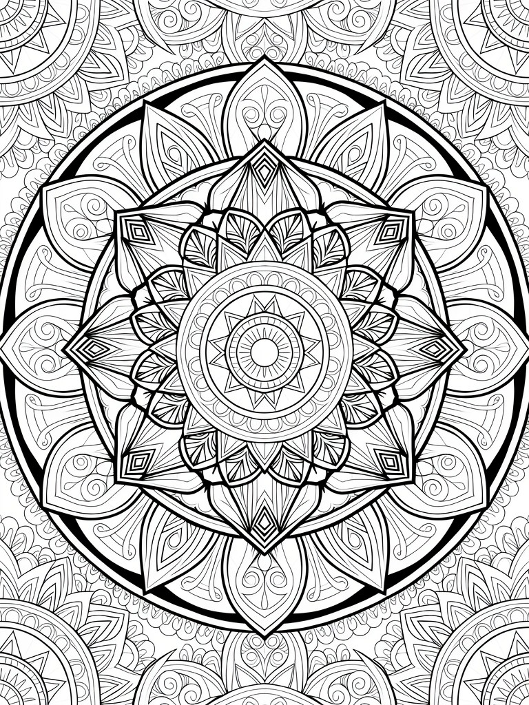 Intricate black and white mandala with layered floral and geometric patterns.