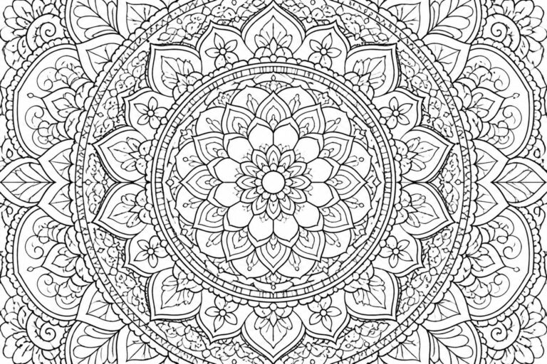 A black and white mandala coloring page featuring multiple concentric circles with floral and petal patterns radiating from the center.