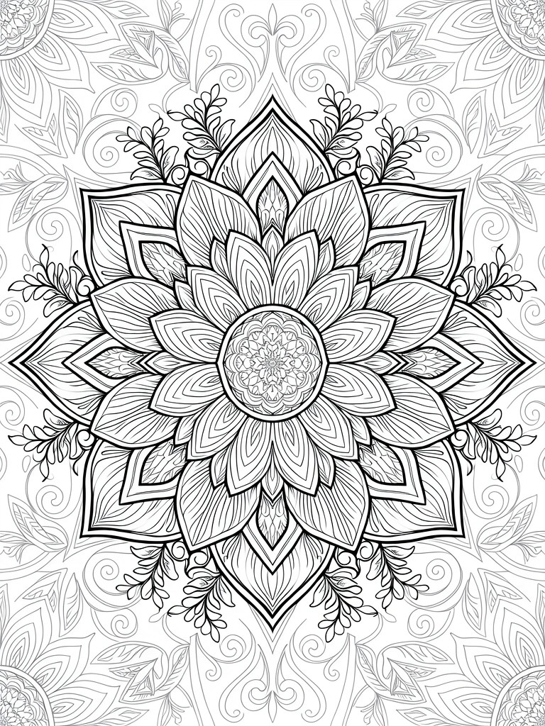 A black and white mandala coloring page featuring a central flower with layered petals surrounded by leaves and swirls.