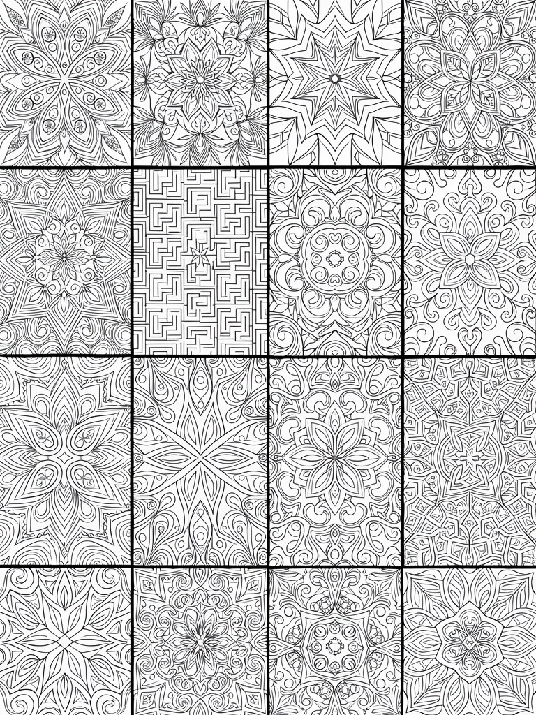 A grid page filled with twenty separate squares each containing a unique intricate mandala or geometric pattern.