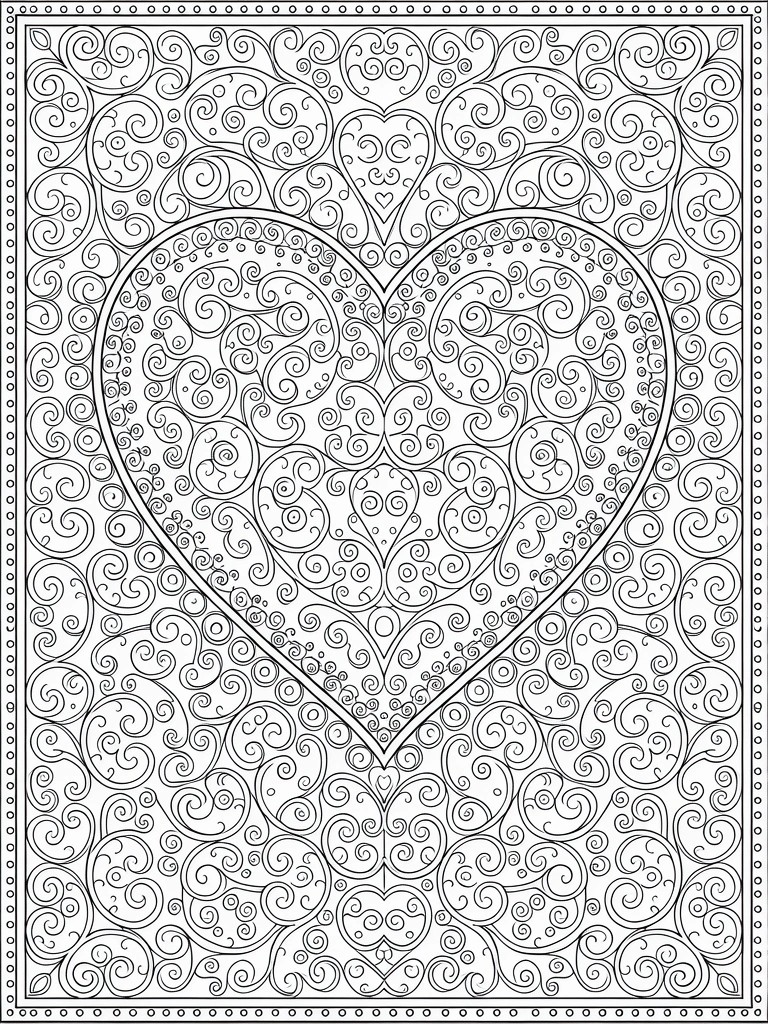 A black and white coloring page shows a large heart made of swirling lines and smaller hearts, with matching swirl patterns filling the space around it and a dotted border.